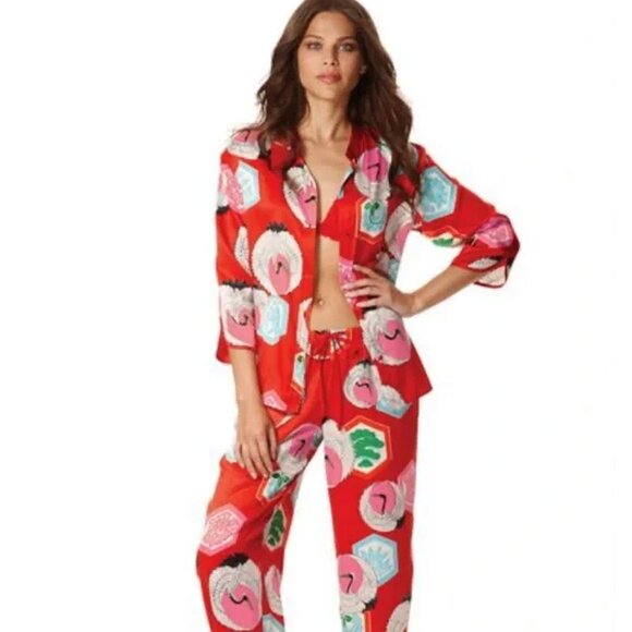 JOSIE NATORI FOR TARGET CRANE PRINT SATIN MANDARIN PAJAMA TOP + MATCHING MASK - Picture 2 of 3